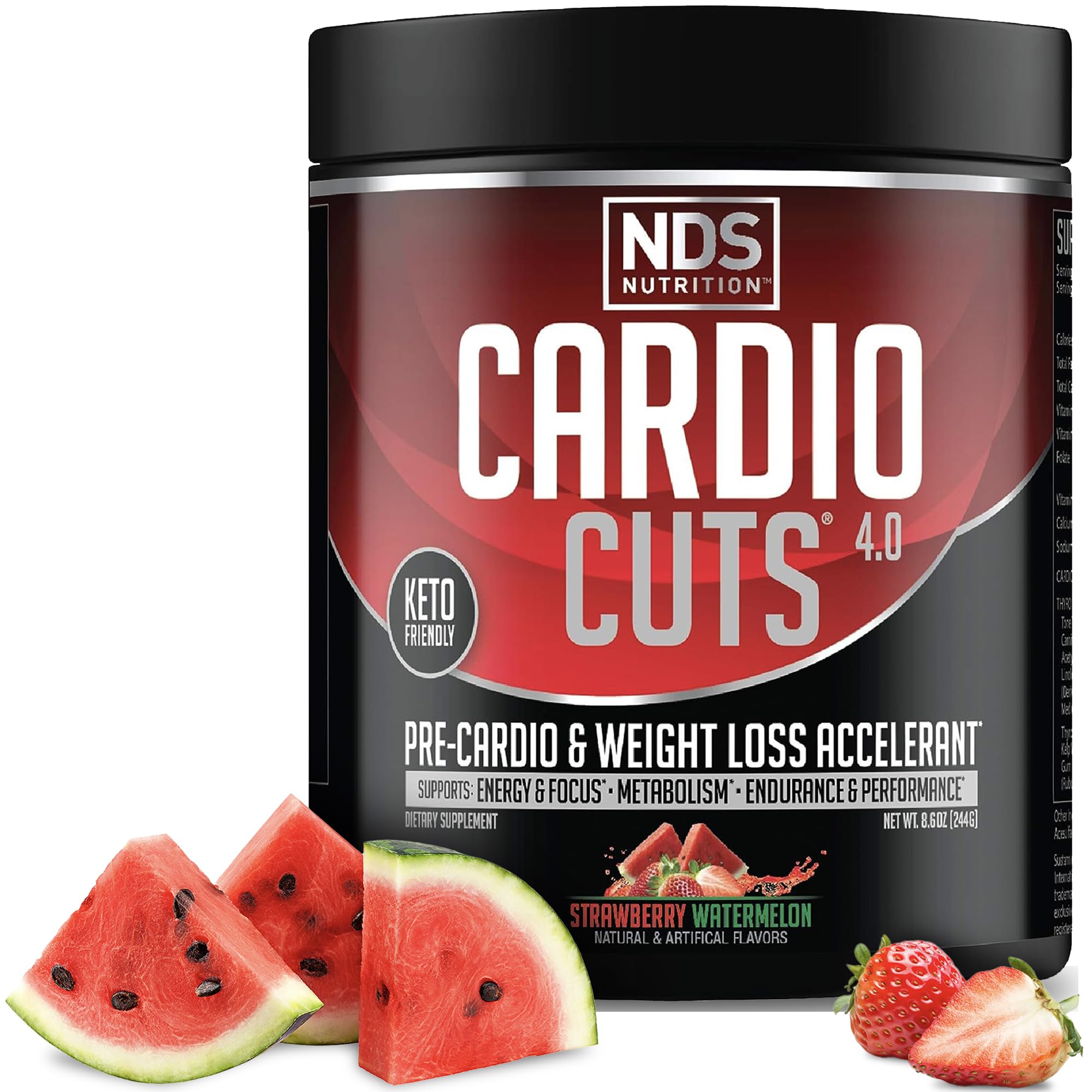 NDS Nutrition Cardio Cuts 4.0 strawberry watermelon bottle pour for fast pre-workout energy