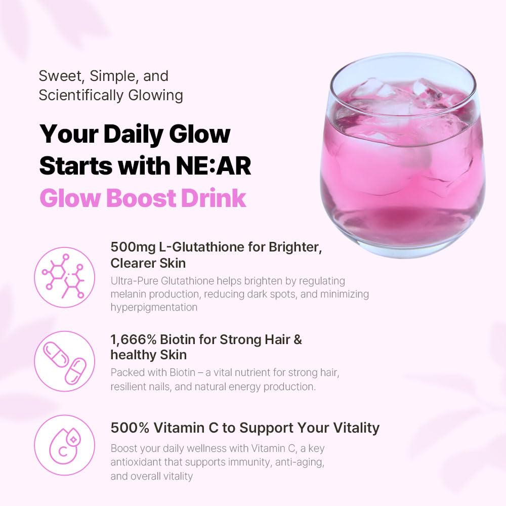 NE:AR Glow Boost Drink glutathione bottle highlight 250mg for skin brightness support.