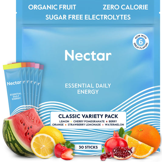 Nectar Energy Booster packet tear-and-pour for quick, on-the-go energy.