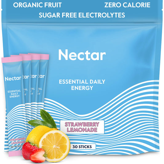 Nectar Energy Booster strawberry lemonade packet dissolving in water for sugar-free energy