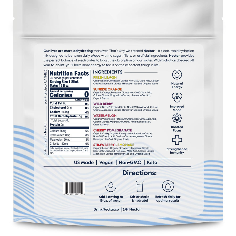 Nectar Hydration Packets Vegan non-GMO label emphasizing plant-based electrolytes