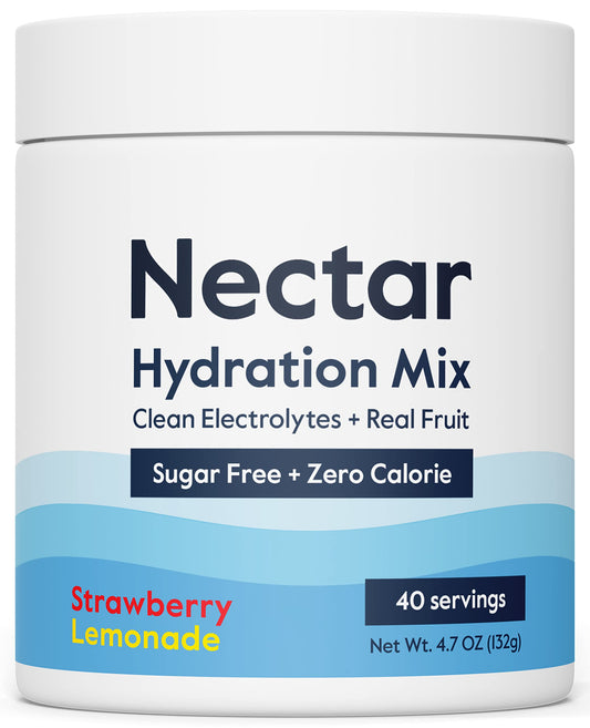 Nectar Sugar-Free Electrolytes Powder strawberry lemonade tub closeup for zero-calorie hydration