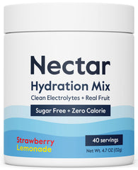 Nectar Sugar-Free Electrolytes Powder strawberry lemonade tub closeup for zero-calorie hydration