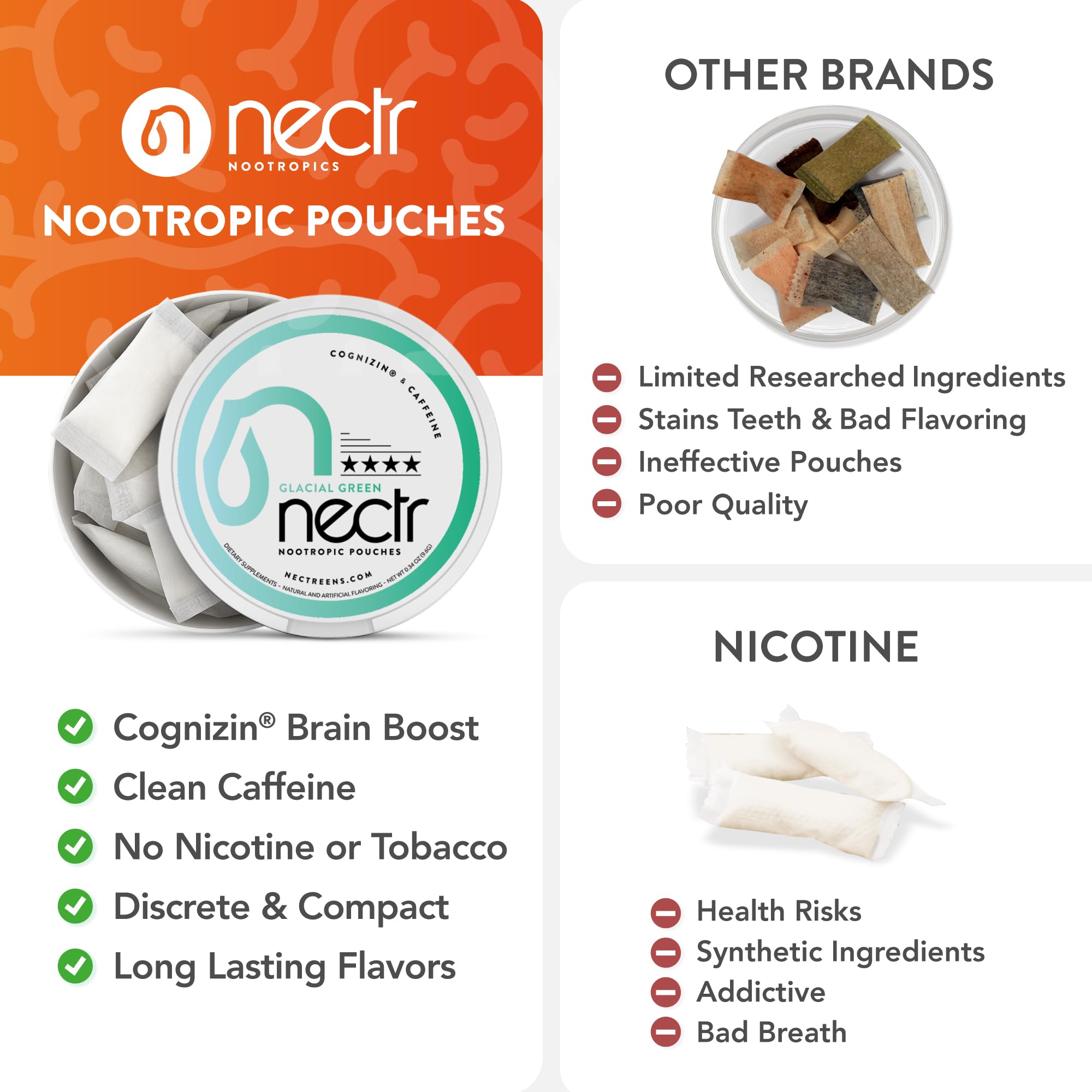 Nectr mint pack back label detail shows 5-puck layout.