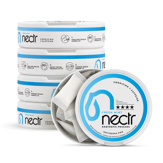 Nectr energy nootropic pouches with fresh mint flavor, convenient pack front for on-the-go focus.