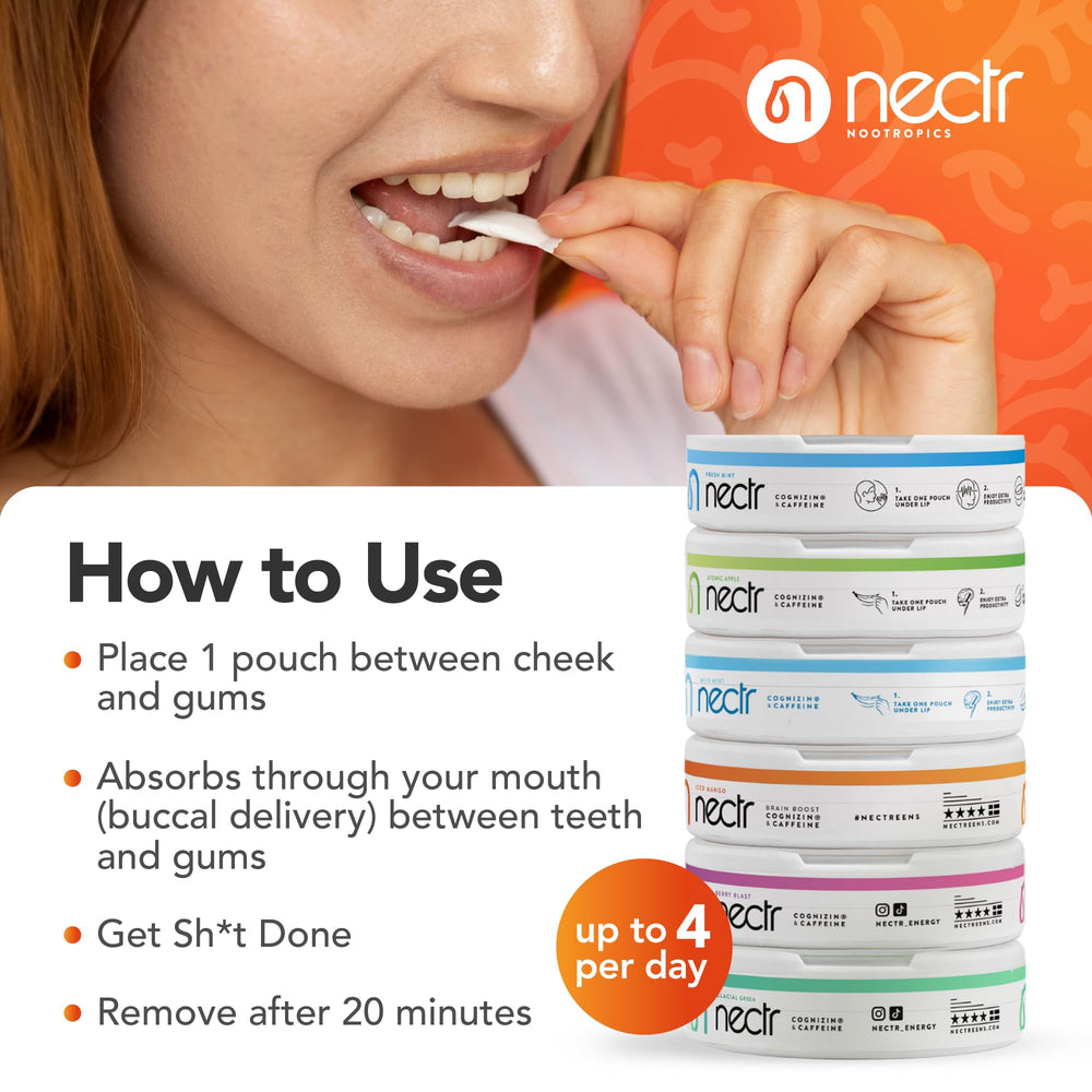 Nectr Energy Berry Blast pouch in mouth for quick use