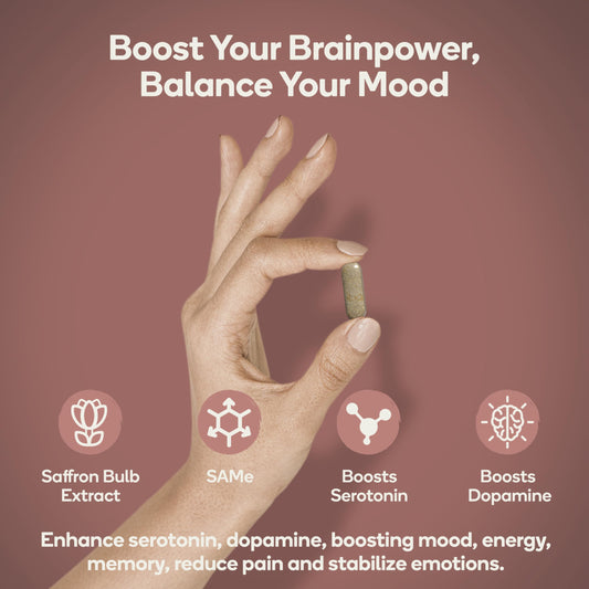 Nedley Health Mood bottle back shows ingredients like saffron extract and SAMe for serotonin support.