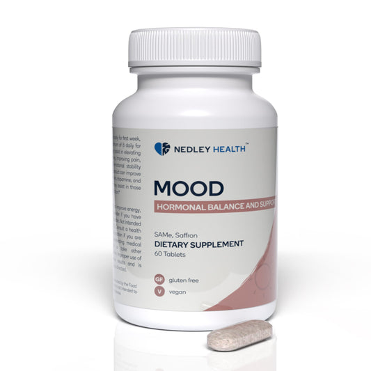 Nedley Health Mood bottle front view highlighting saffron and SAMe for mood balance.