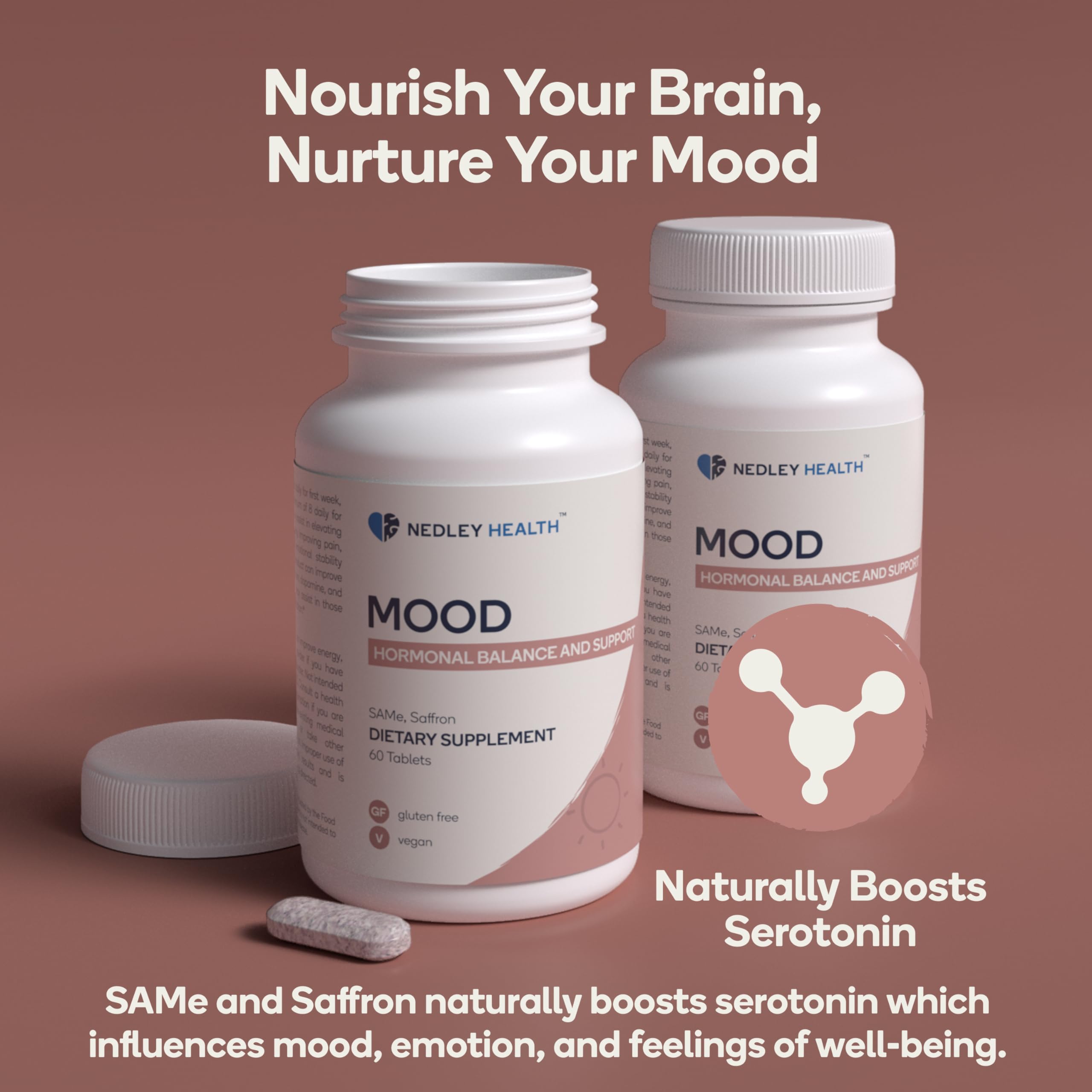 Close-up of Nedley Health Mood tablets highlighting saffron extract for natural mood support.