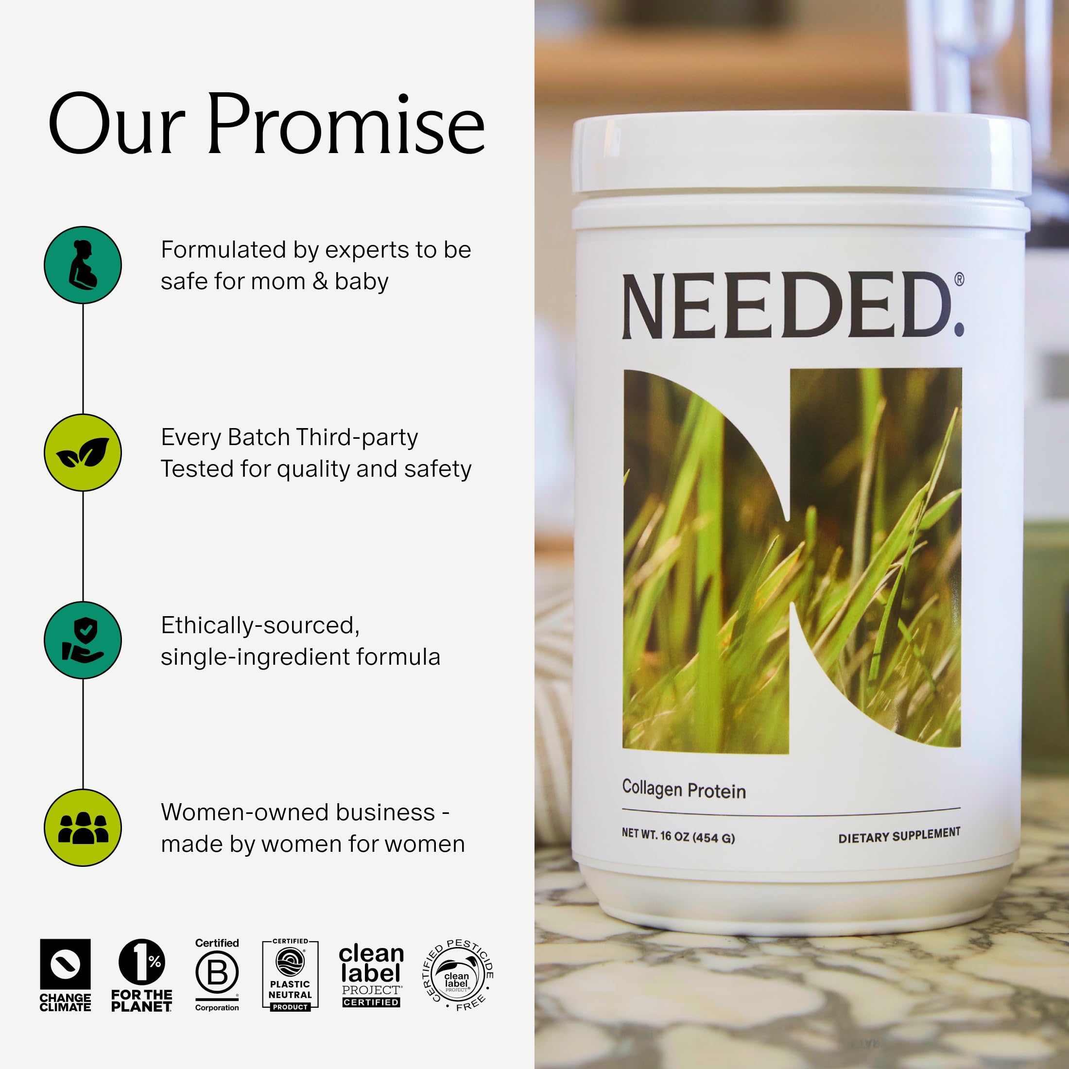 Needed Collagen Powder packaging closeup with perinatal-friendly formulation details.