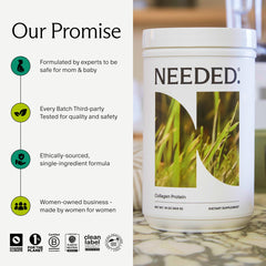 Needed Collagen Powder packaging closeup with perinatal-friendly formulation details.