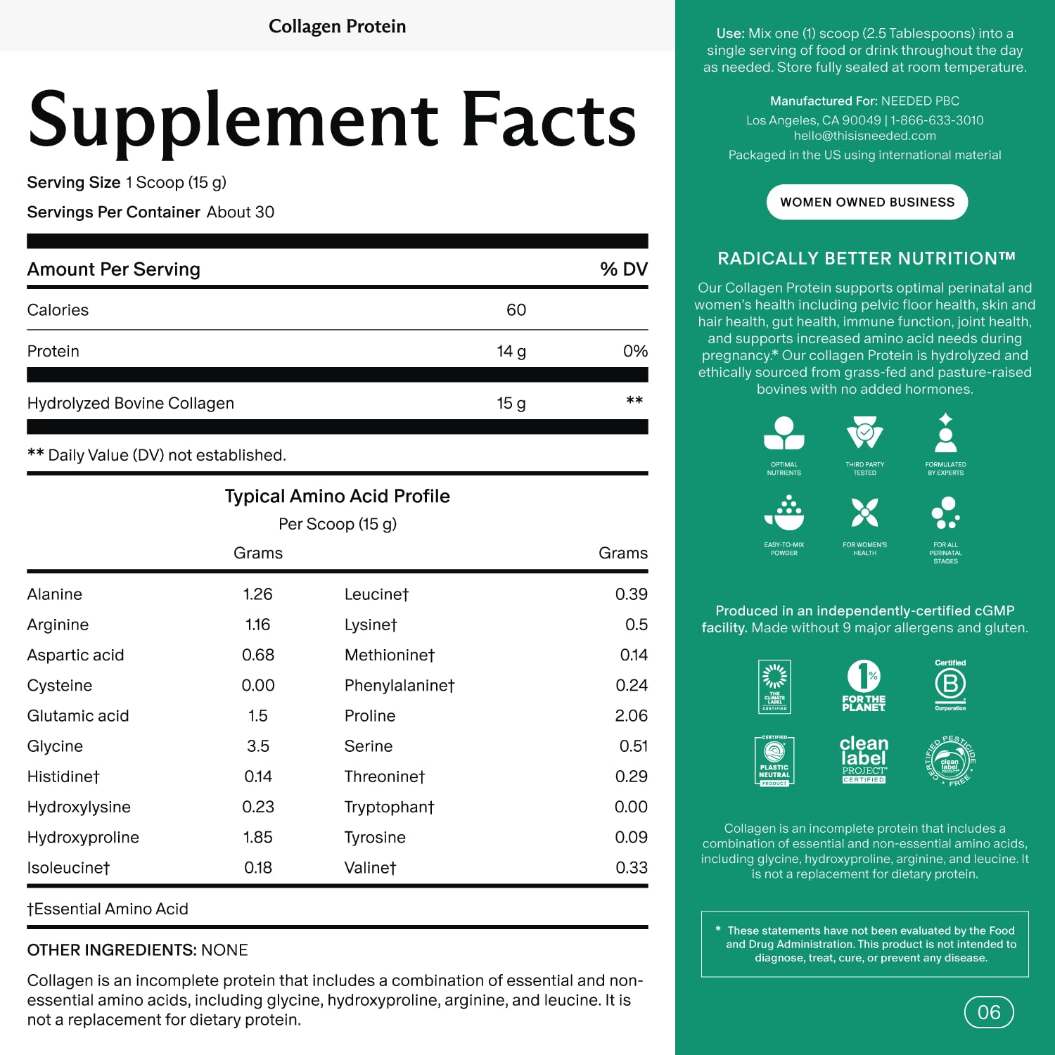 Needed Collagen Powder tub back label showing hormone-free and ingredient notes.