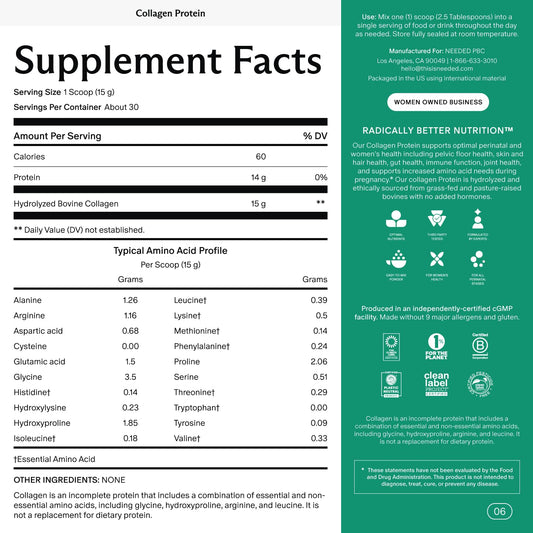 Needed Collagen Powder tub back label showing hormone-free and ingredient notes.