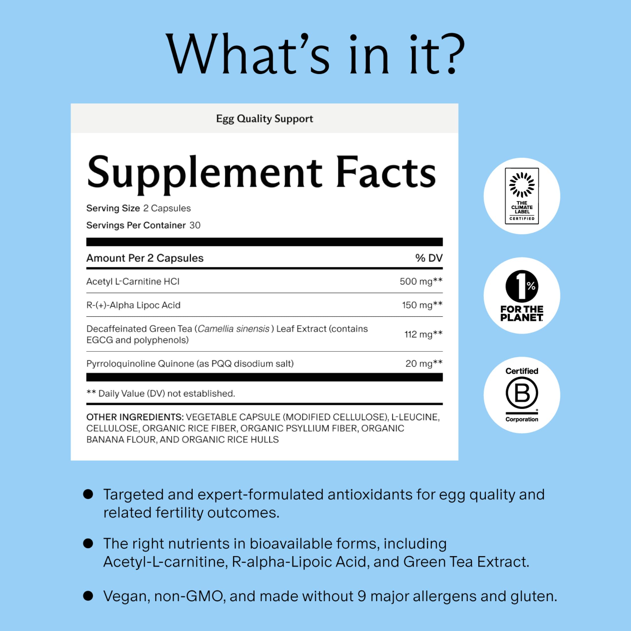 Needed Egg Quality Support capsules closeup shows vegan, non-GMO formula.
