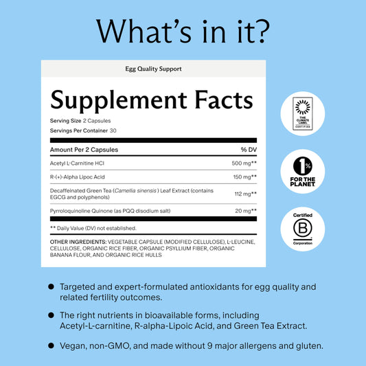 Needed Egg Quality Support capsules closeup shows vegan, non-GMO formula.