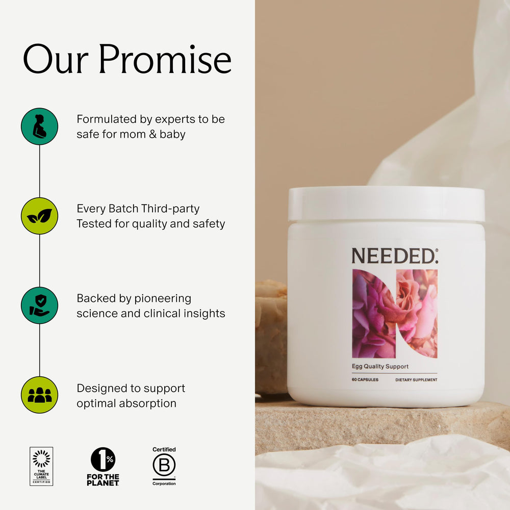 Needed Egg Quality Support vegan gluten-free emblem emphasizes allergen-free formulation.