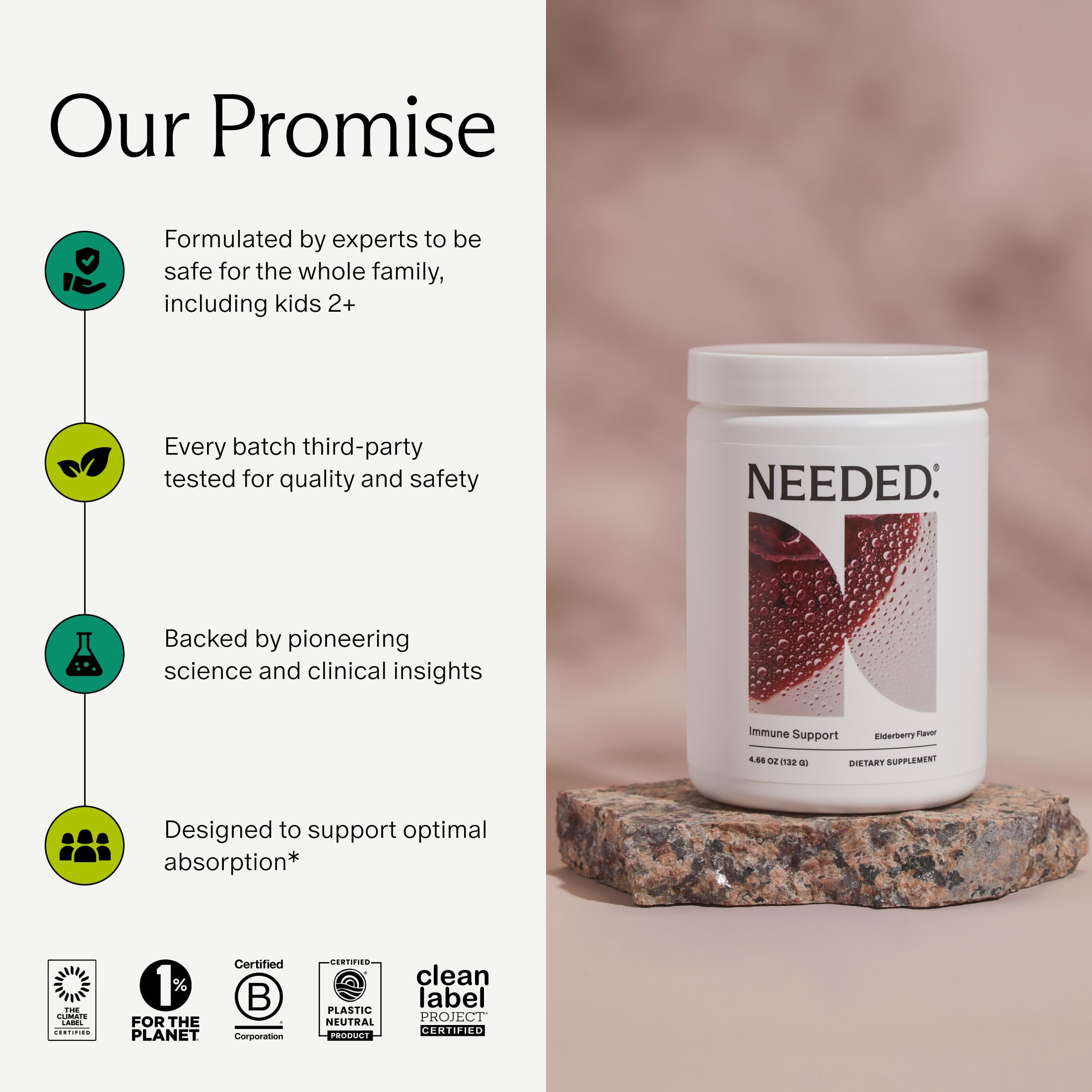 Needed Immune Support elderberry blend label highlights trusted ingredients.