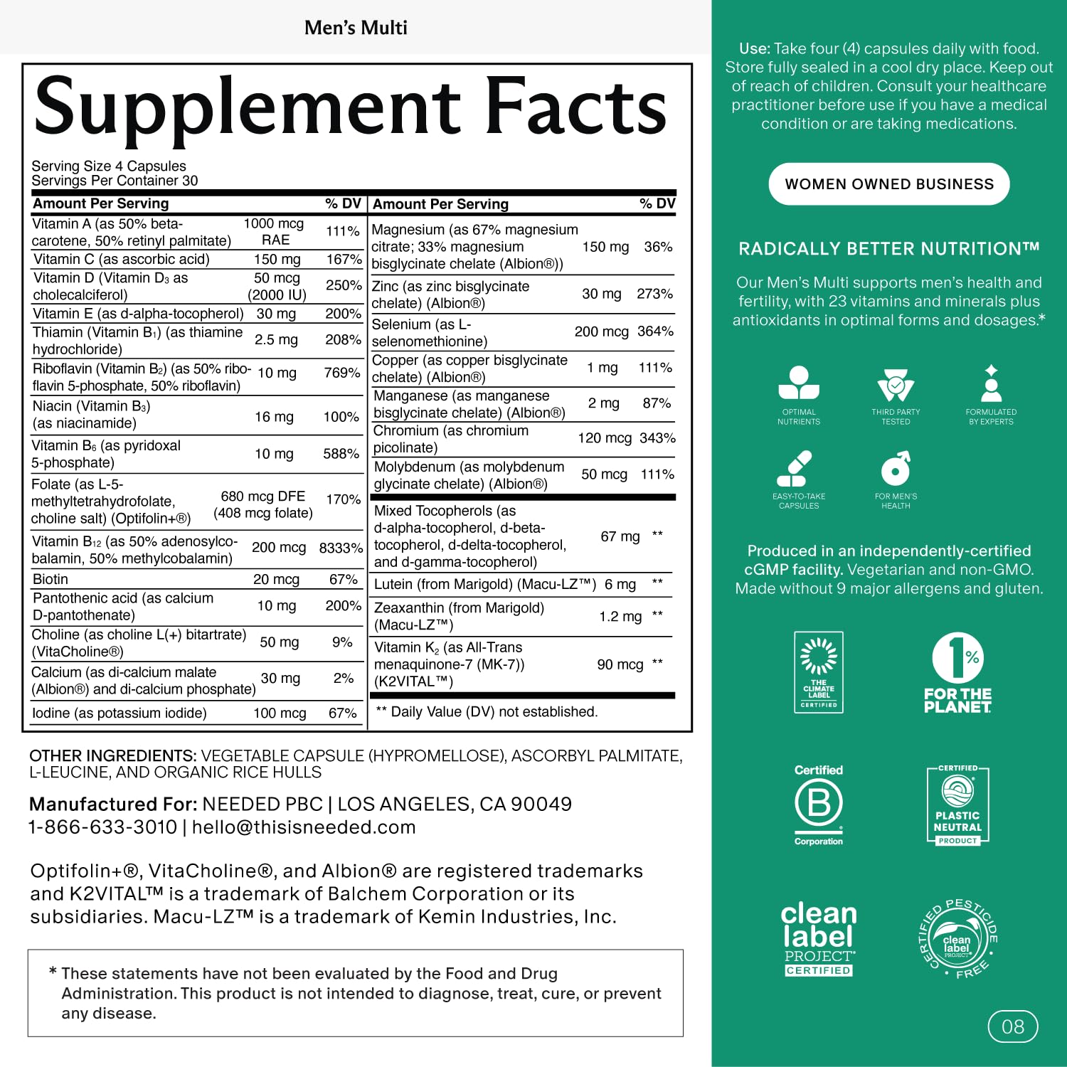 Needed men's multivitamin capsules close-up showing capsules.
