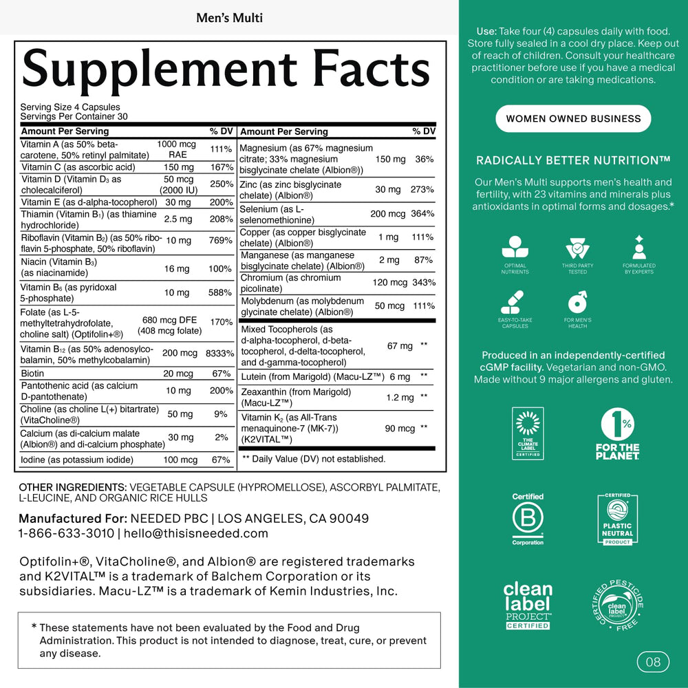 Needed men's multivitamin capsules close-up showing capsules.