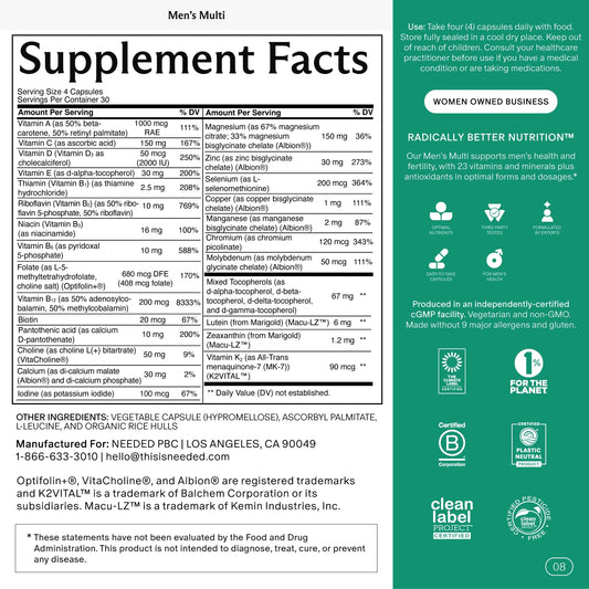 Needed men's multivitamin capsules close-up showing capsules.