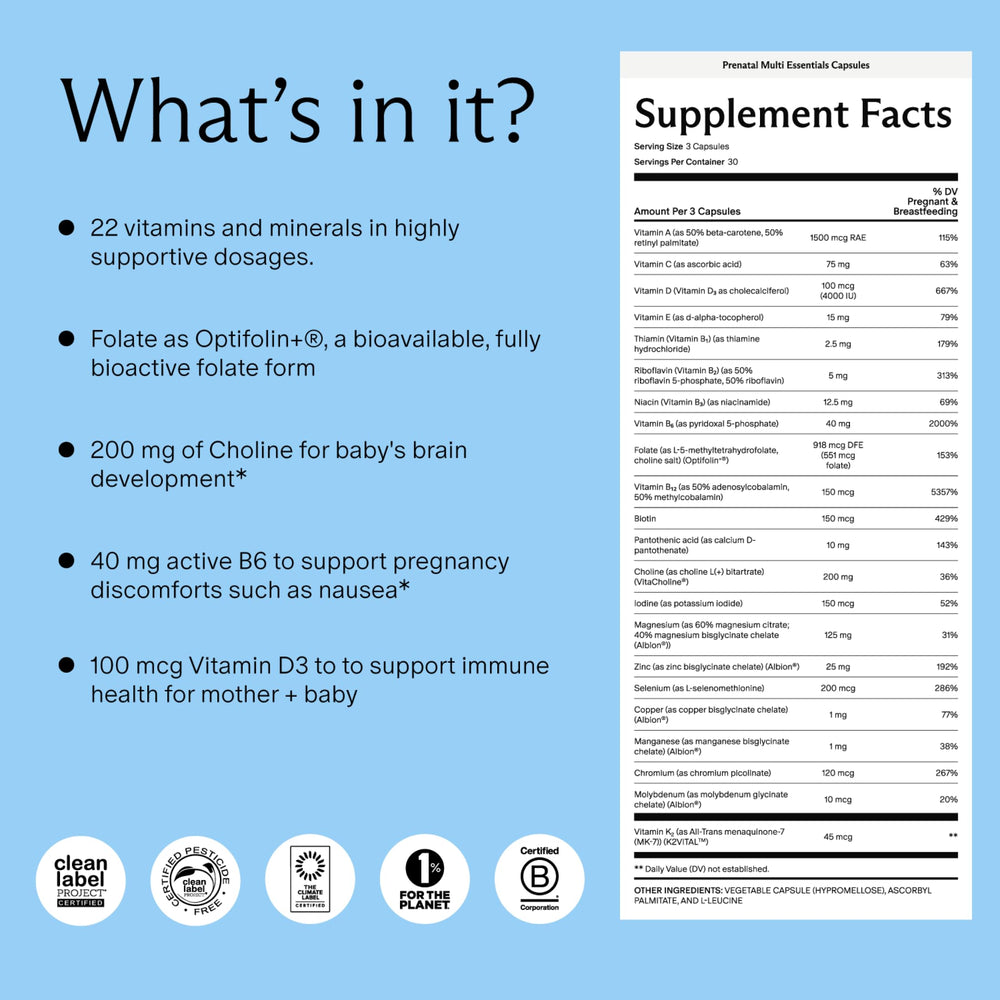 Needed Prenatal capsules in bottle, convenient three-per-day format.