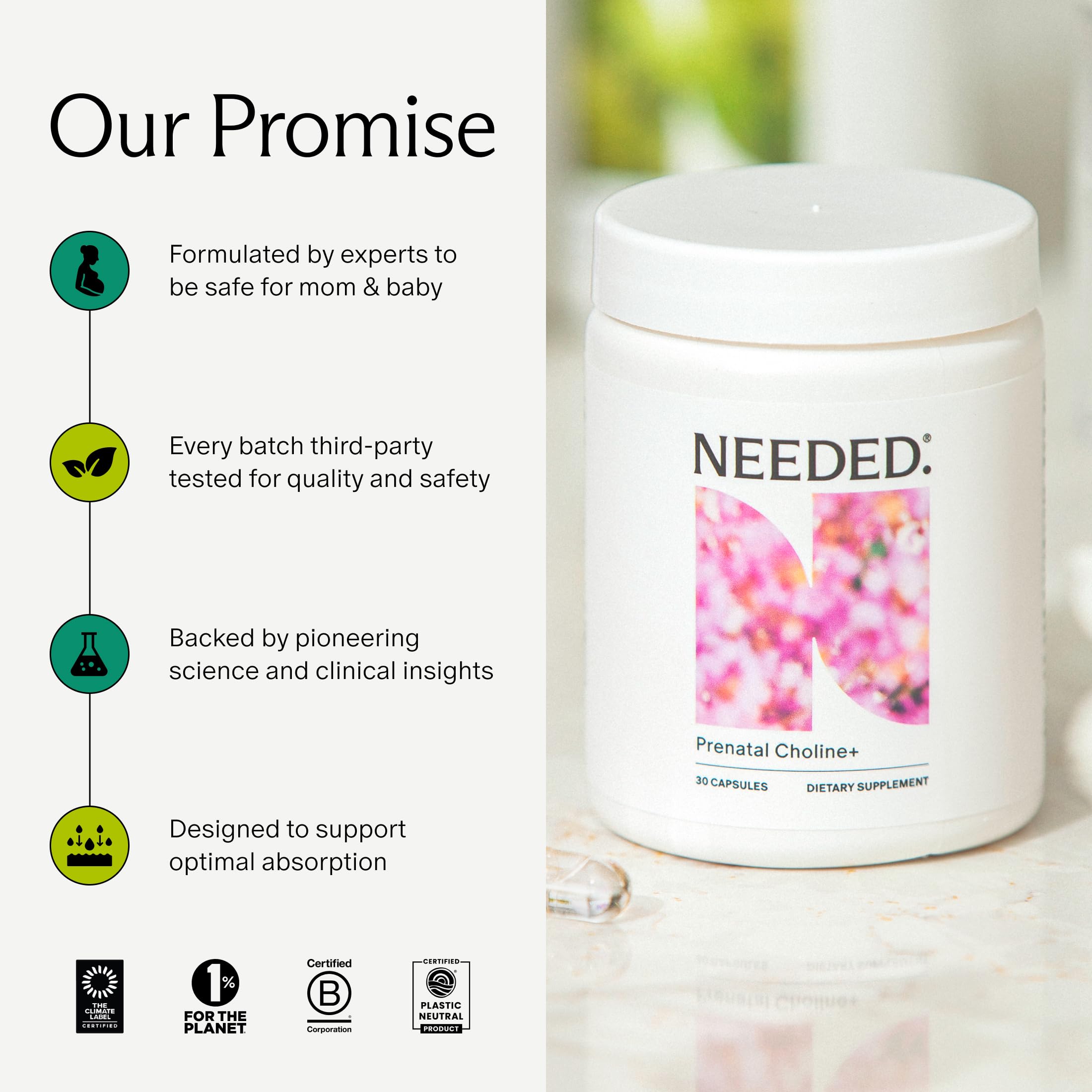 Needed Prenatal Choline+ capsules in hand ready for daily use.