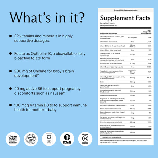 Needed Prenatal Multi Essentials capsules close-up showing the three-per-day dose.