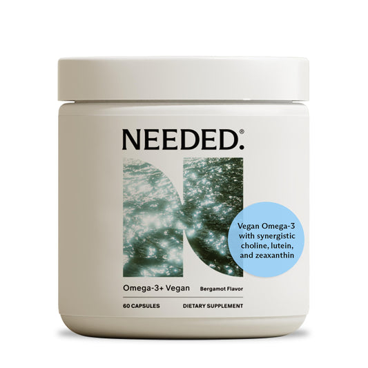 Needed Prenatal Omega-3 bergamot-flavored bottle with plant-based DHA and EPA.