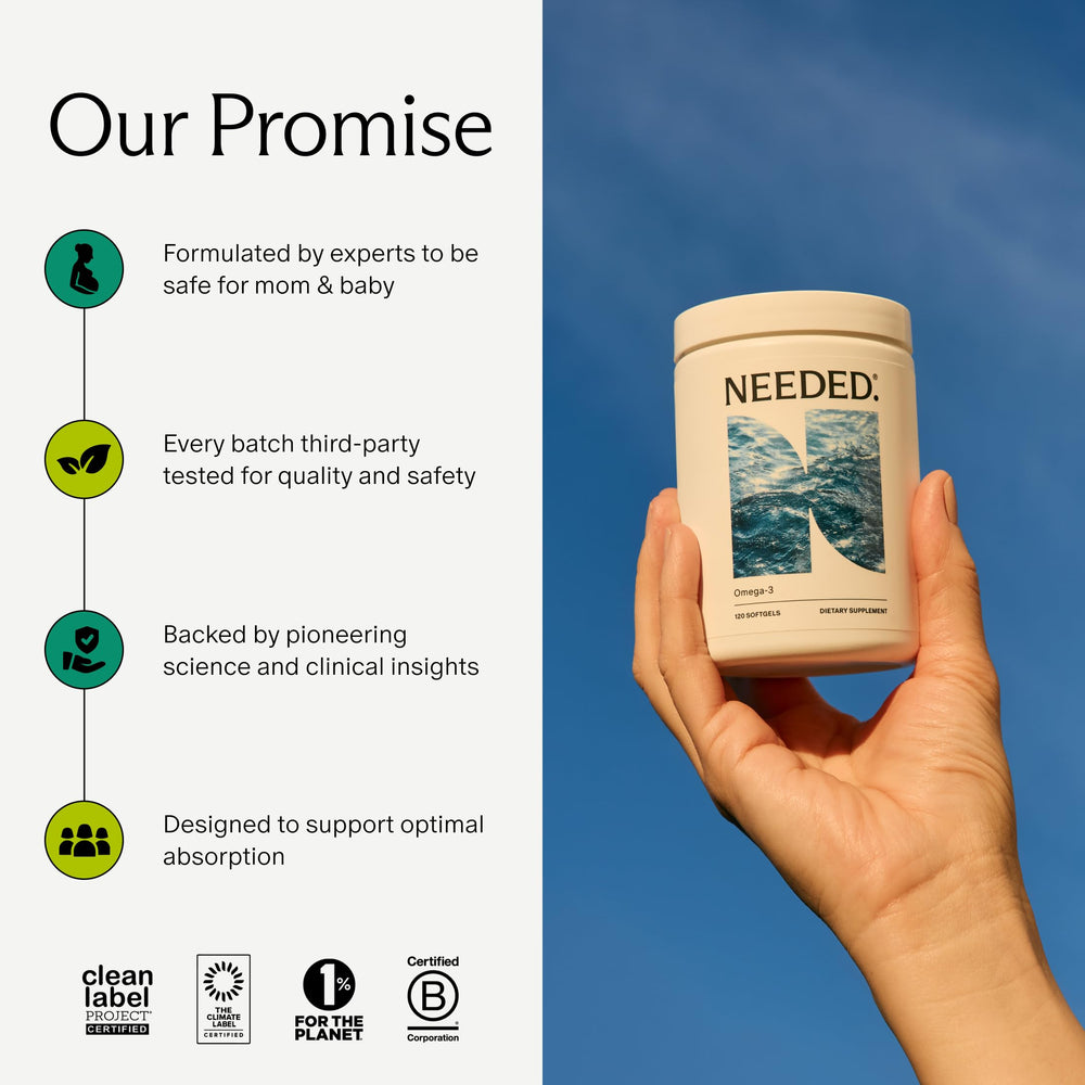 Needed Prenatal Omega-3 capsules shown with a meal to suggest best usage.