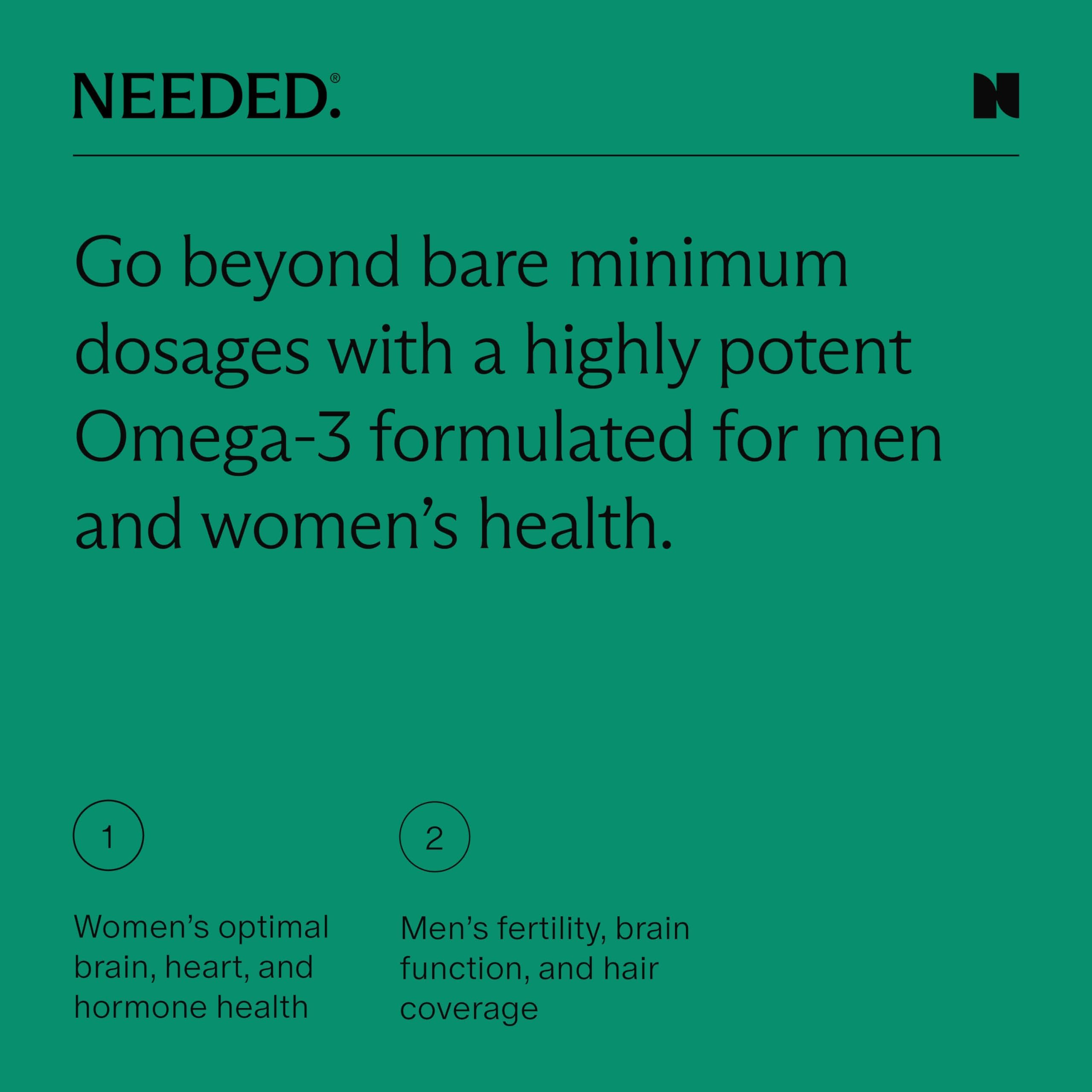 Needed Prenatal Omega-3 softgels close-up shows gelatin-free, easy-to-swallow daily use.