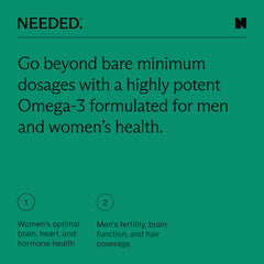 Needed Prenatal Omega-3 softgels close-up shows gelatin-free, easy-to-swallow daily use.