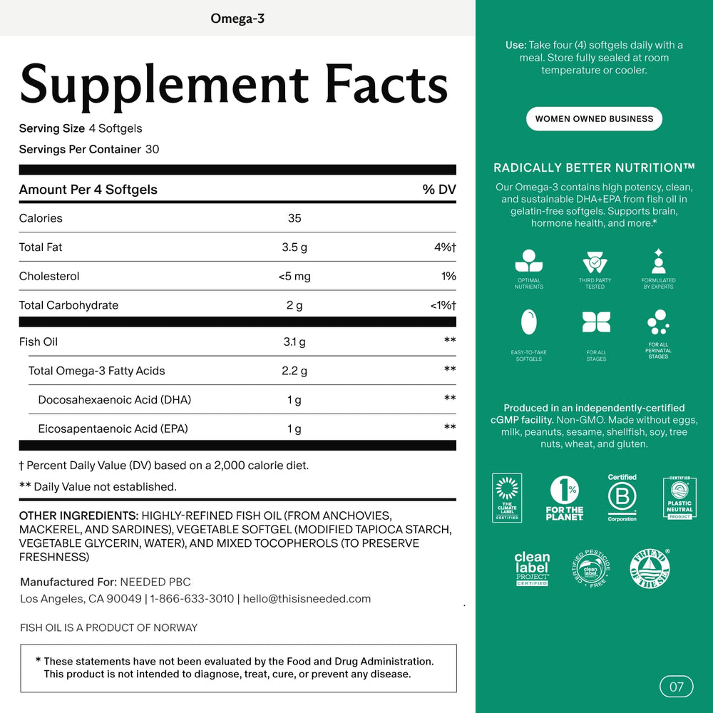 Needed Prenatal Omega-3 softgels pack highlights plant-based, gelatin-free capsules for easy swallowing.