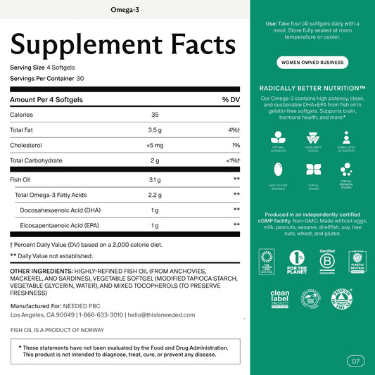Needed Prenatal Omega-3 softgels pack highlights plant-based, gelatin-free capsules for easy swallowing.