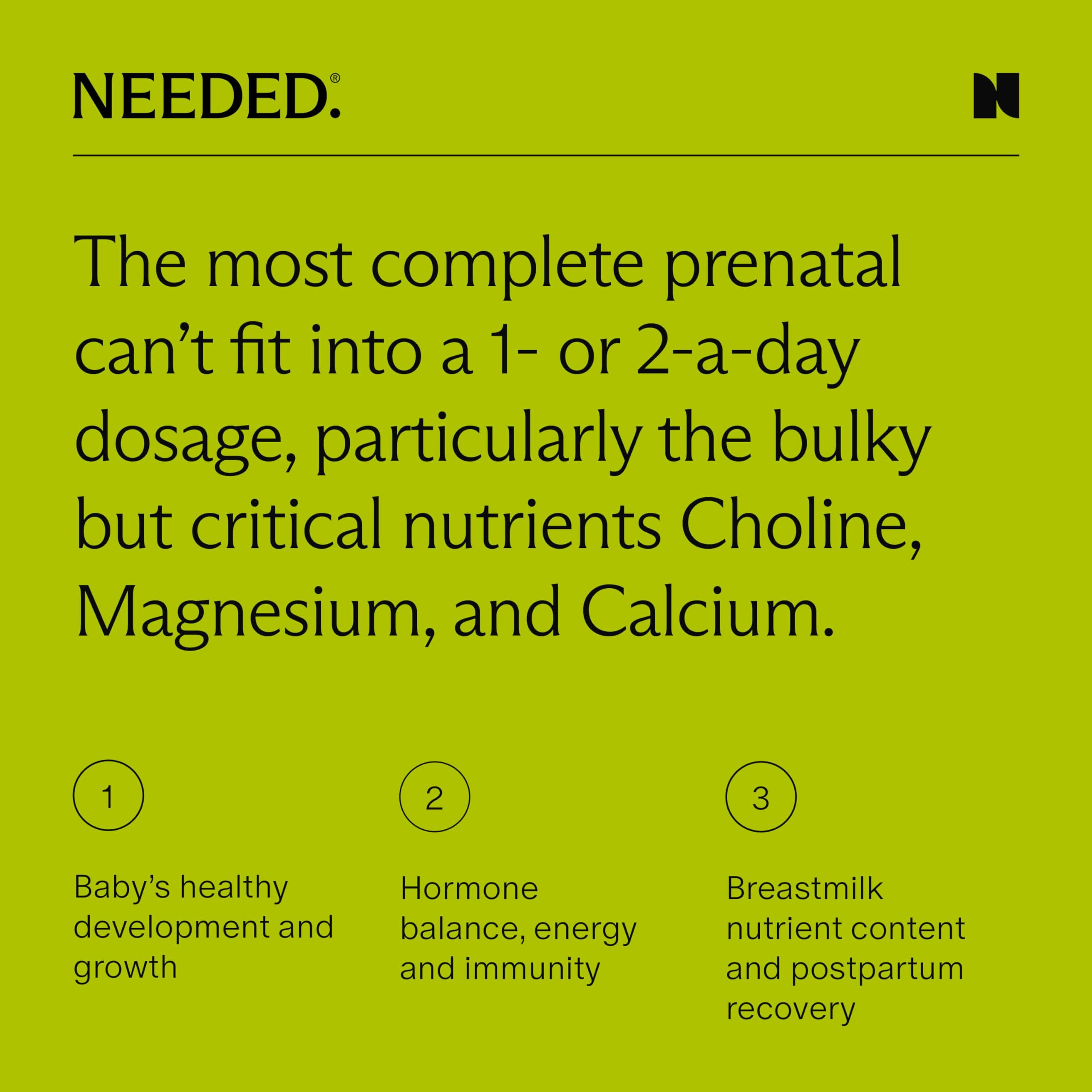 Needed Prenatal packaging with logo emphasizes brand trust and 30-day supply.