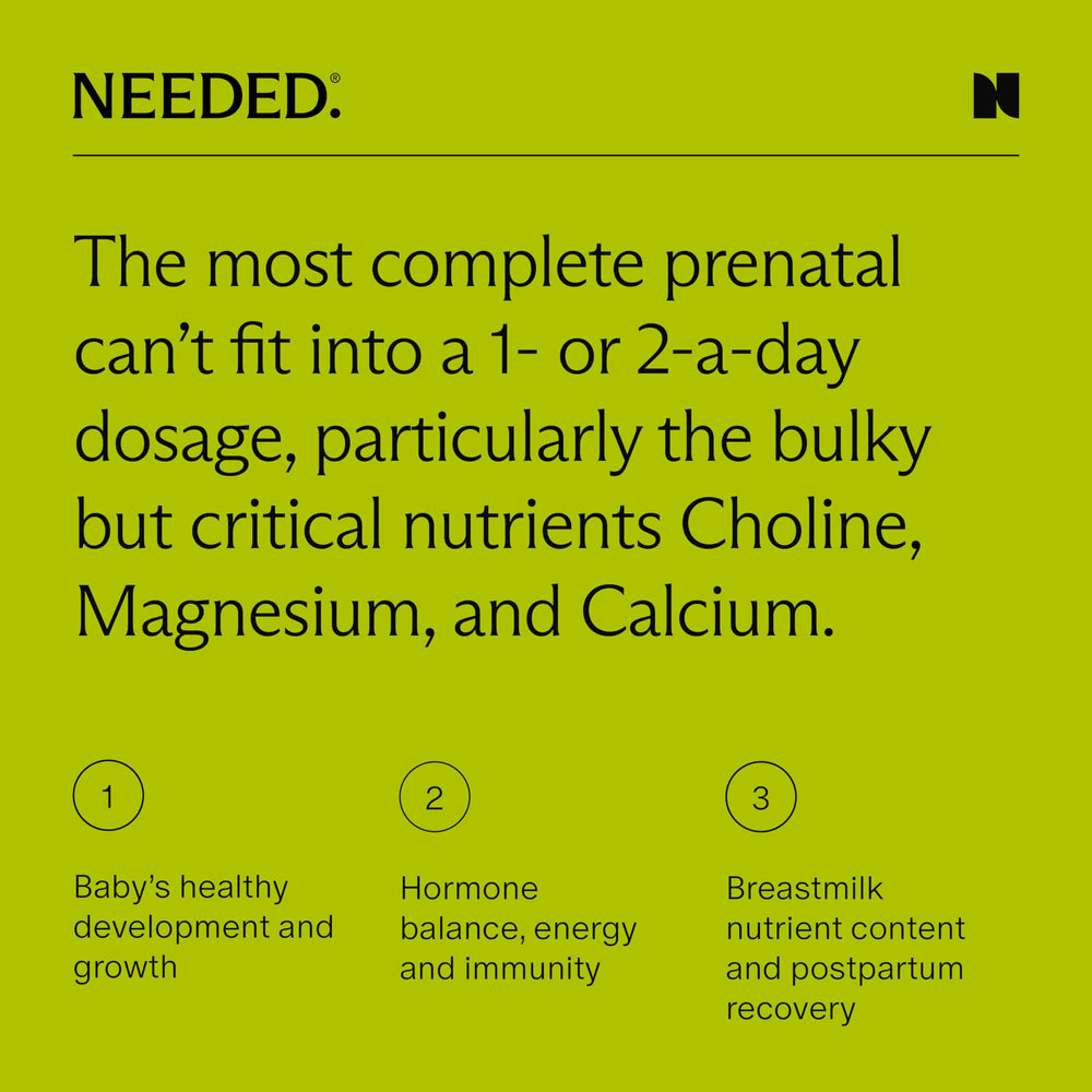 Needed Prenatal packaging with logo emphasizes brand trust and 30-day supply.