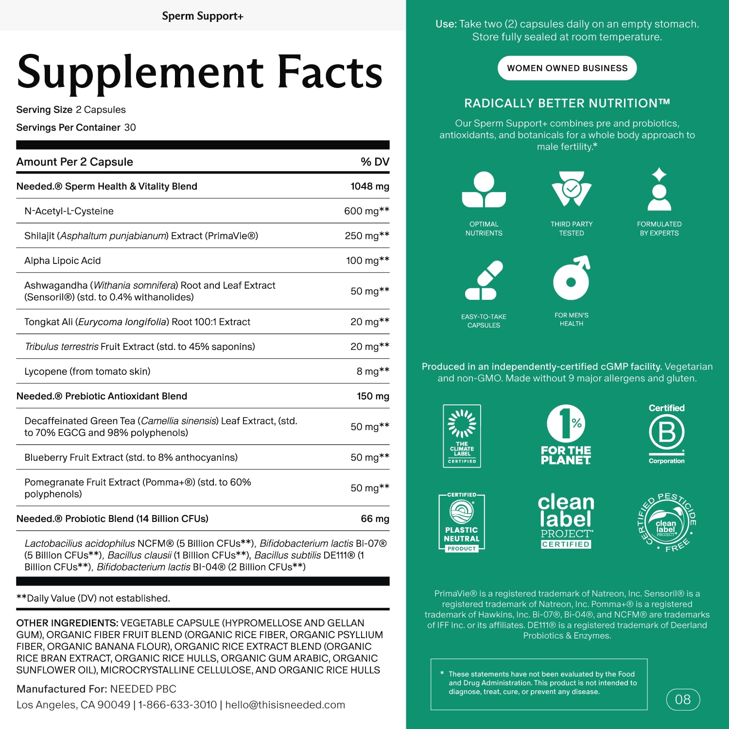 Needed Sperm Support capsules-closeup highlights herbal ingredients in easy-to-swallow capsules.