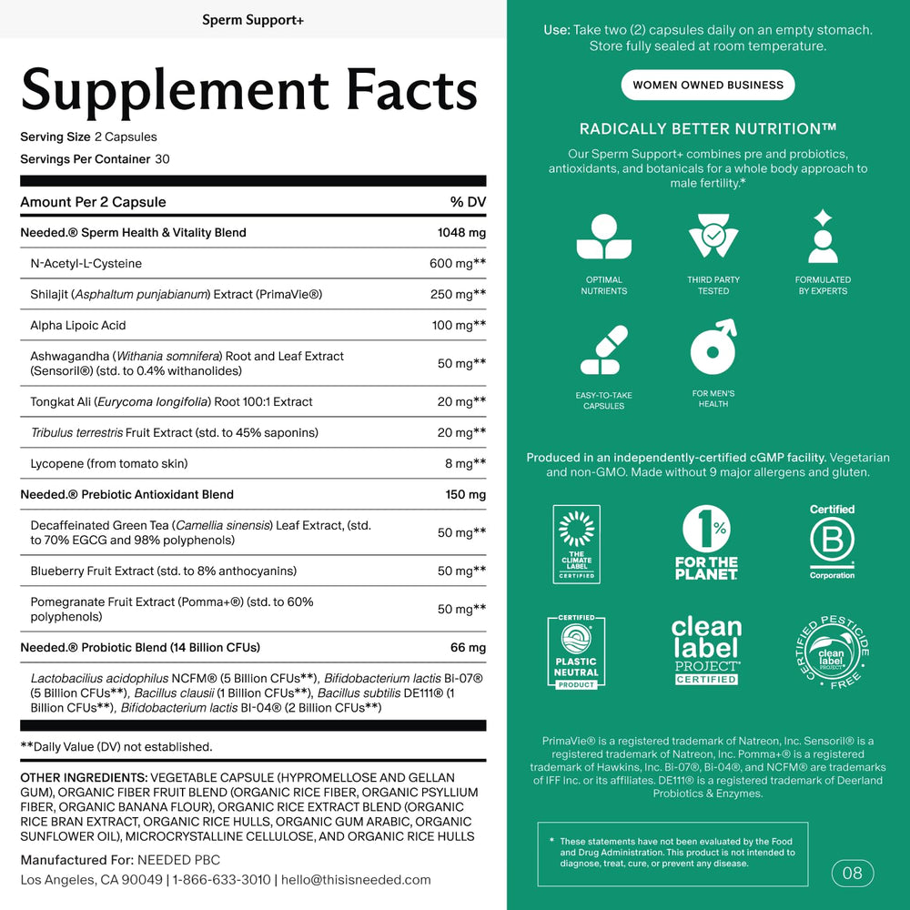 Needed Sperm Support capsules-closeup highlights herbal ingredients in easy-to-swallow capsules.