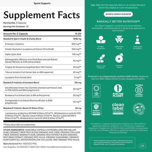 Needed Sperm Support capsules-closeup highlights herbal ingredients in easy-to-swallow capsules.