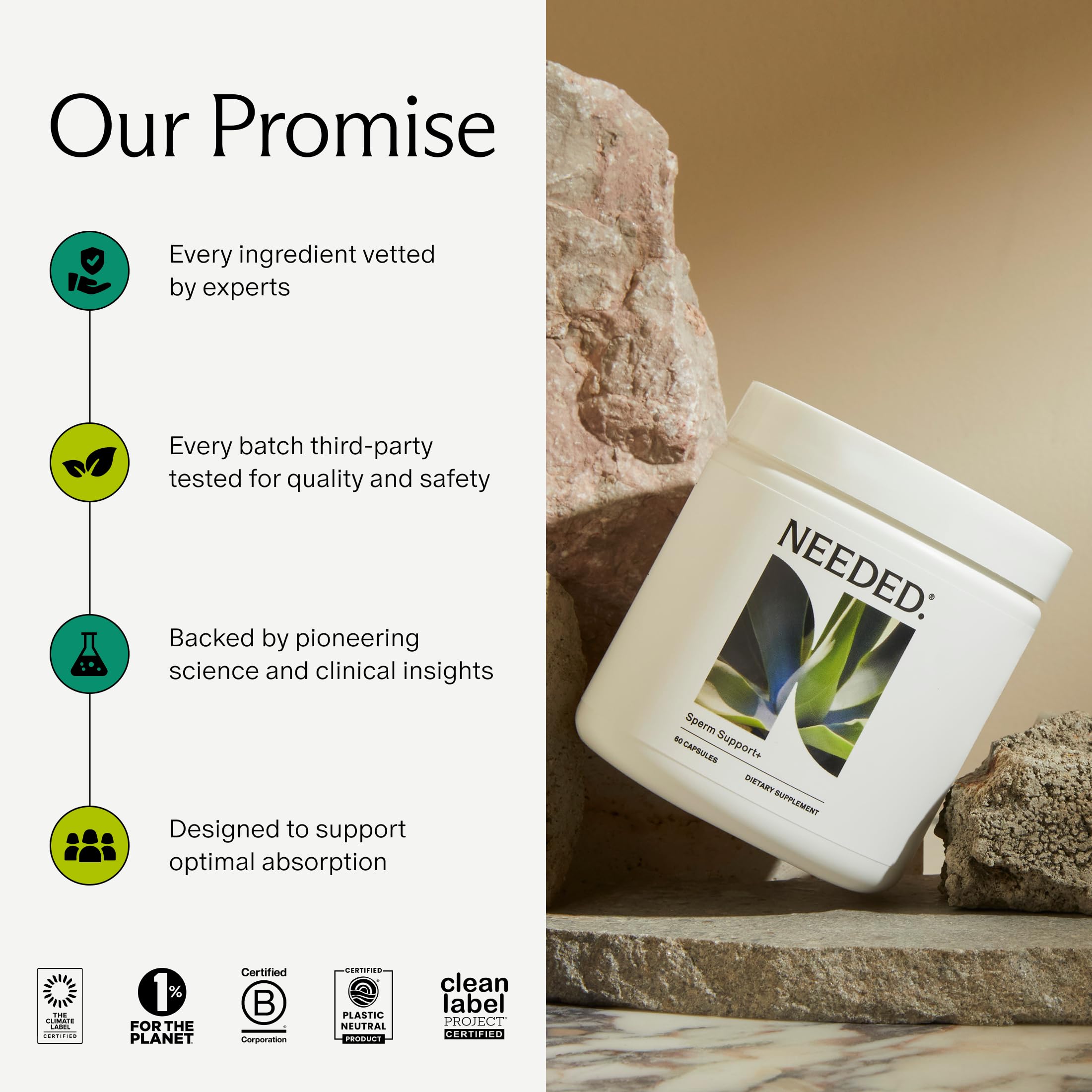 Needed Sperm Support label-details close-up underscores safe, clean formula and branding.