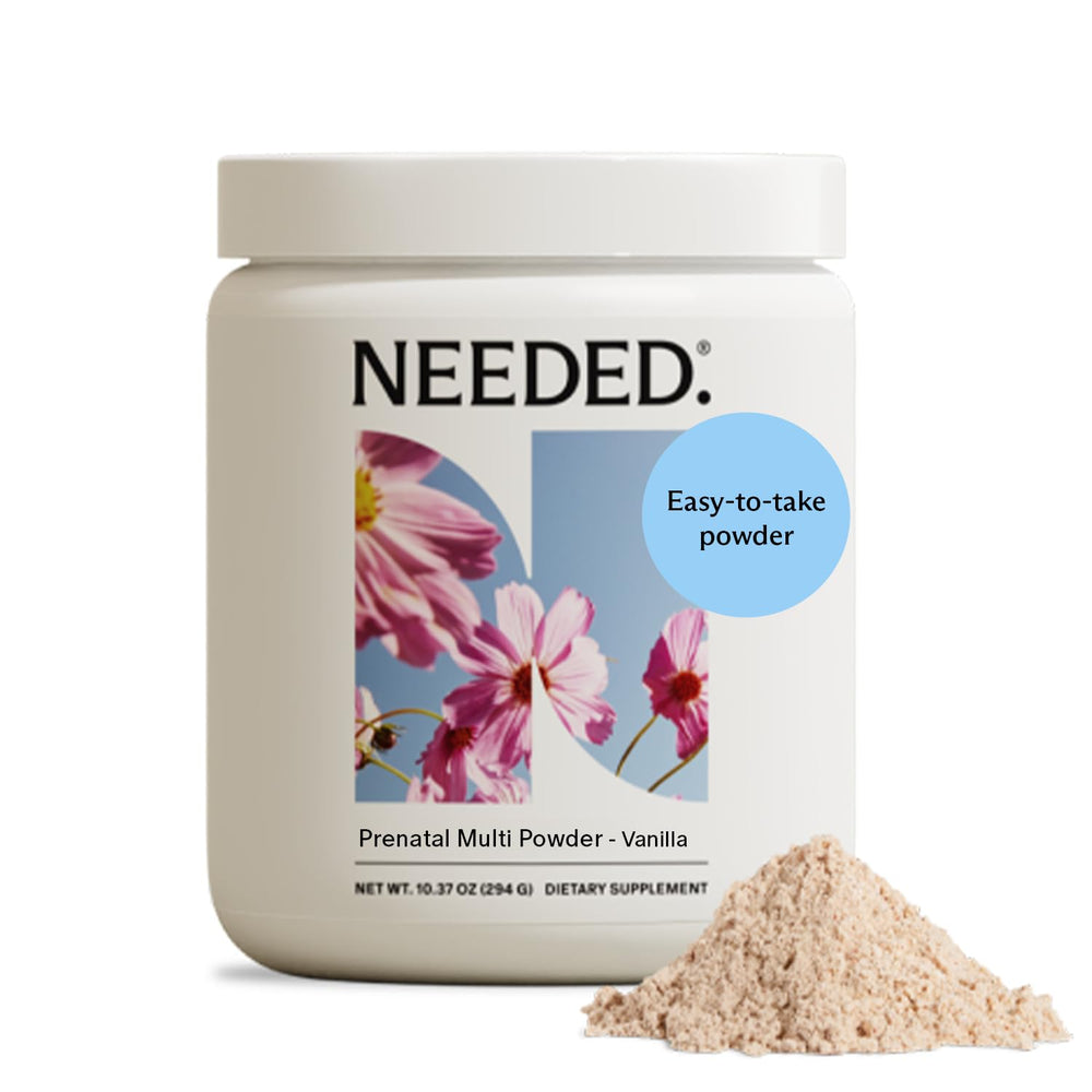 Needed vanilla multivitamin powder jar, easy daily prenatal nutrition.