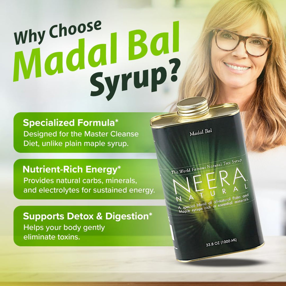 Label close-up of Neera Natural Madal Bal Syrup highlighting maple-palm base for cleanse recipes.