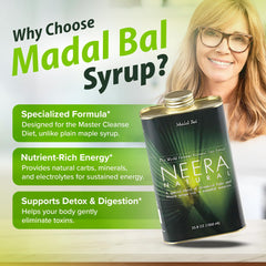 Label close-up of Neera Natural Madal Bal Syrup highlighting maple-palm base for cleanse recipes.
