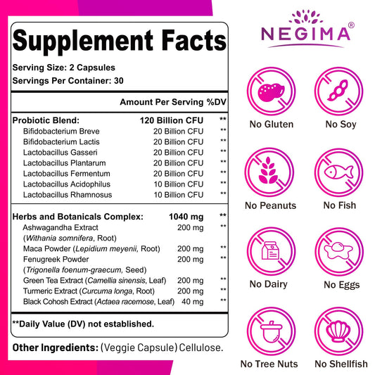 Negima menopause 120 billion CFU label close-up highlighting potency for daily wellness