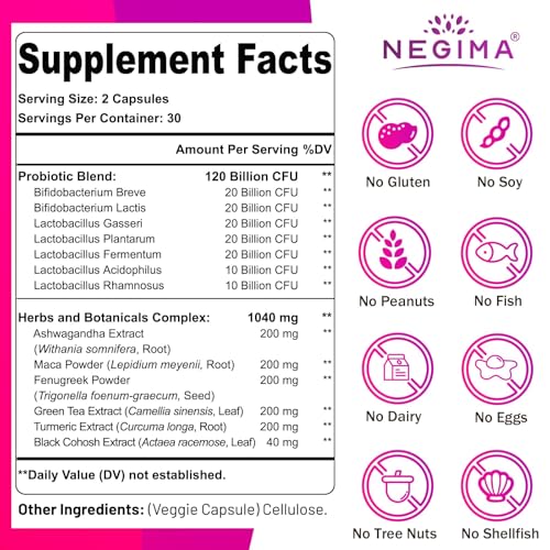 Negima menopause probiotics capsules closeup showing 120 billion CFU formula for digestive wellness