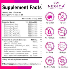 Negima menopause probiotics capsules closeup showing 120 billion CFU formula for digestive wellness