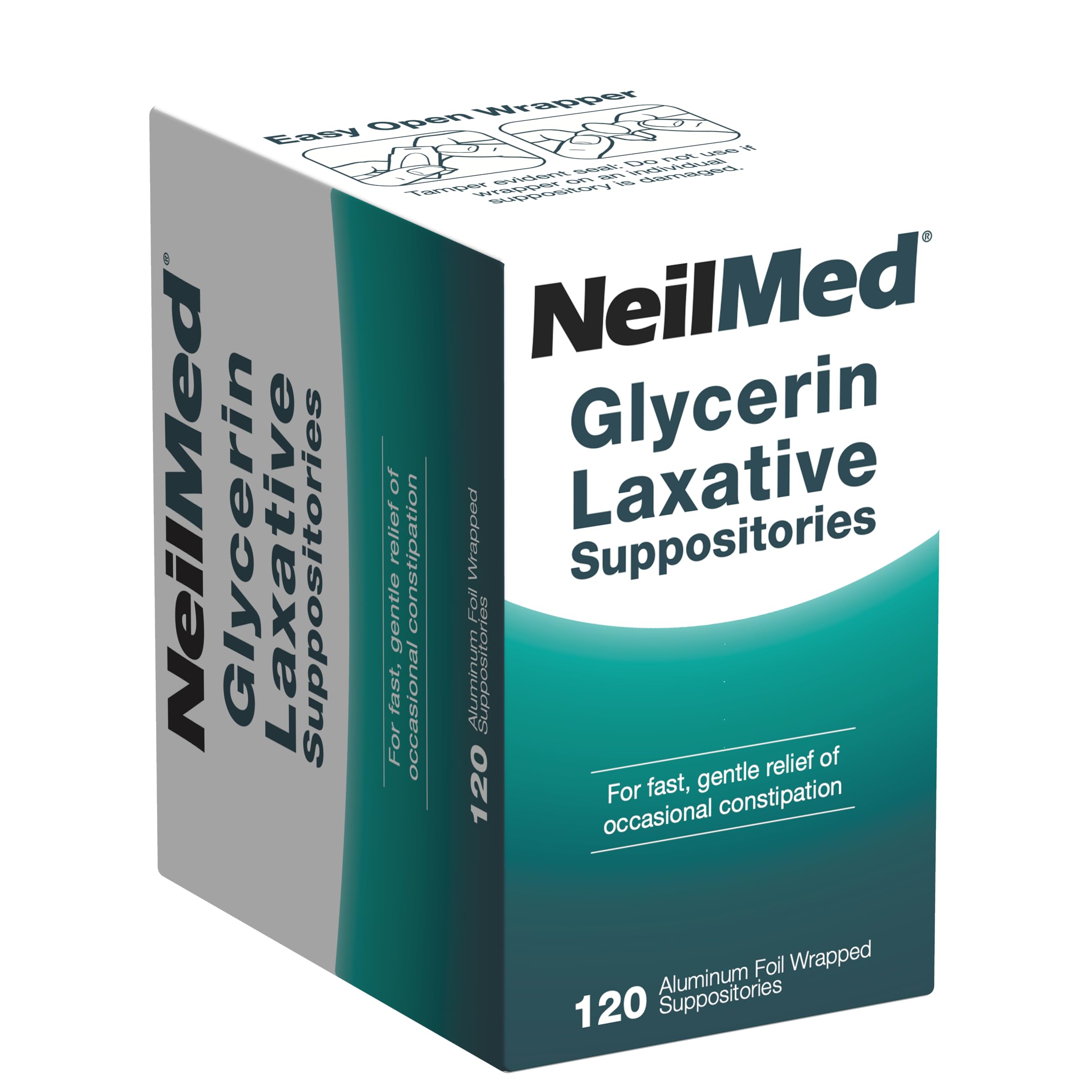 NeilMed glycerin laxative suppositories packaging showing hygienic sealed units for travel.