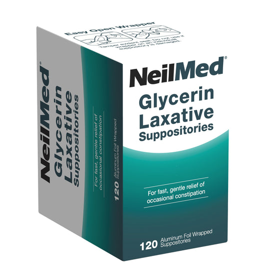 NeilMed glycerin laxative suppositories packaging showing hygienic sealed units for travel.
