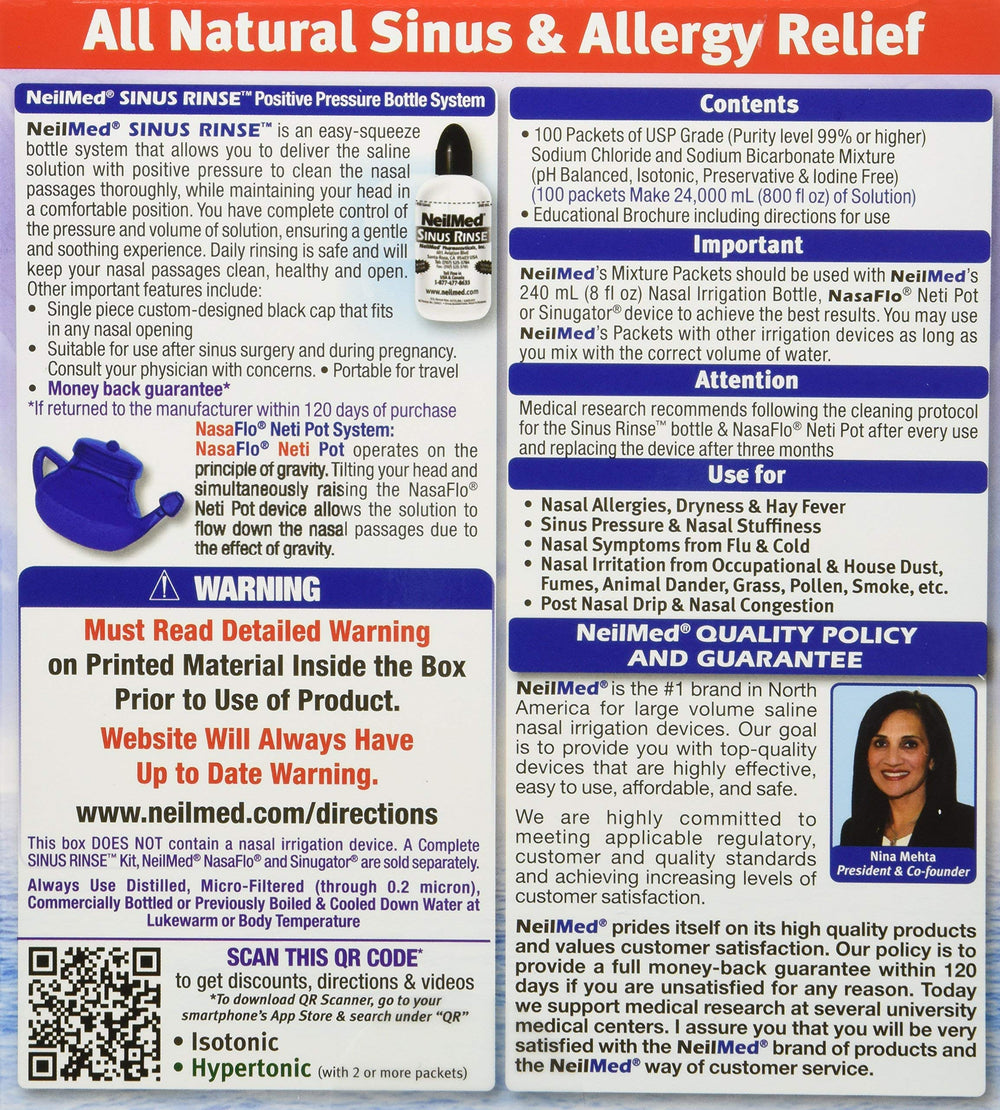 Blue isotonic packets from NeilMed Sinus Rinse enable standard saline rinsing.