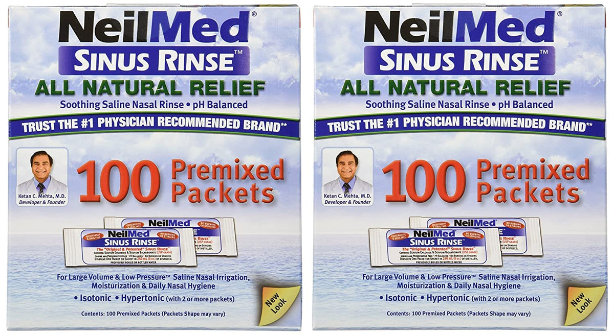 NeilMed Sinus Rinse box packaging with multilingual brochure for easy setup.