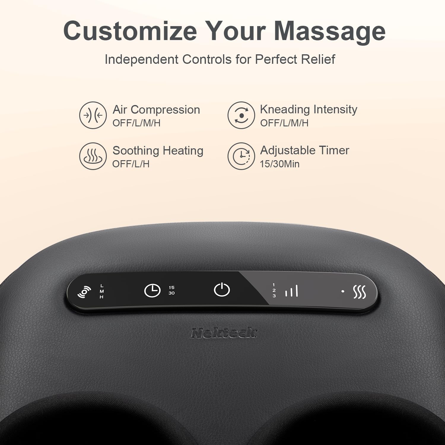 Nekteck foot massager intensity controls shown with Low/Med/High options.